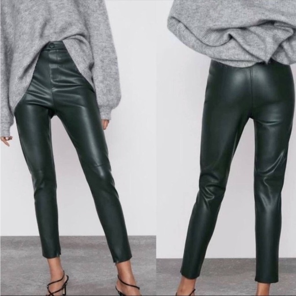Zara Blogger Favorite Forest Green Faux Leather Ankle Zip Pants - Picture 4 of 9